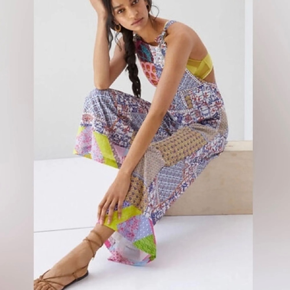 Anthropologie Let Me Be Multi Colored Patchwork wide leg overalls jumpsuit small